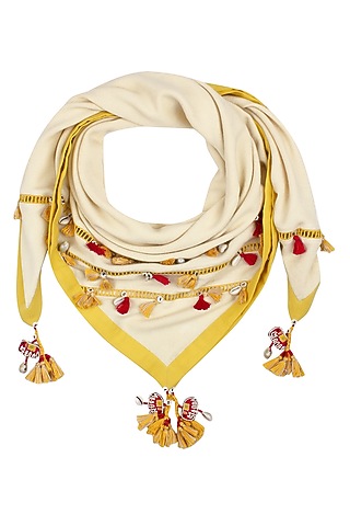 Off White Khadi Border Tassels Scarf by Nikasha