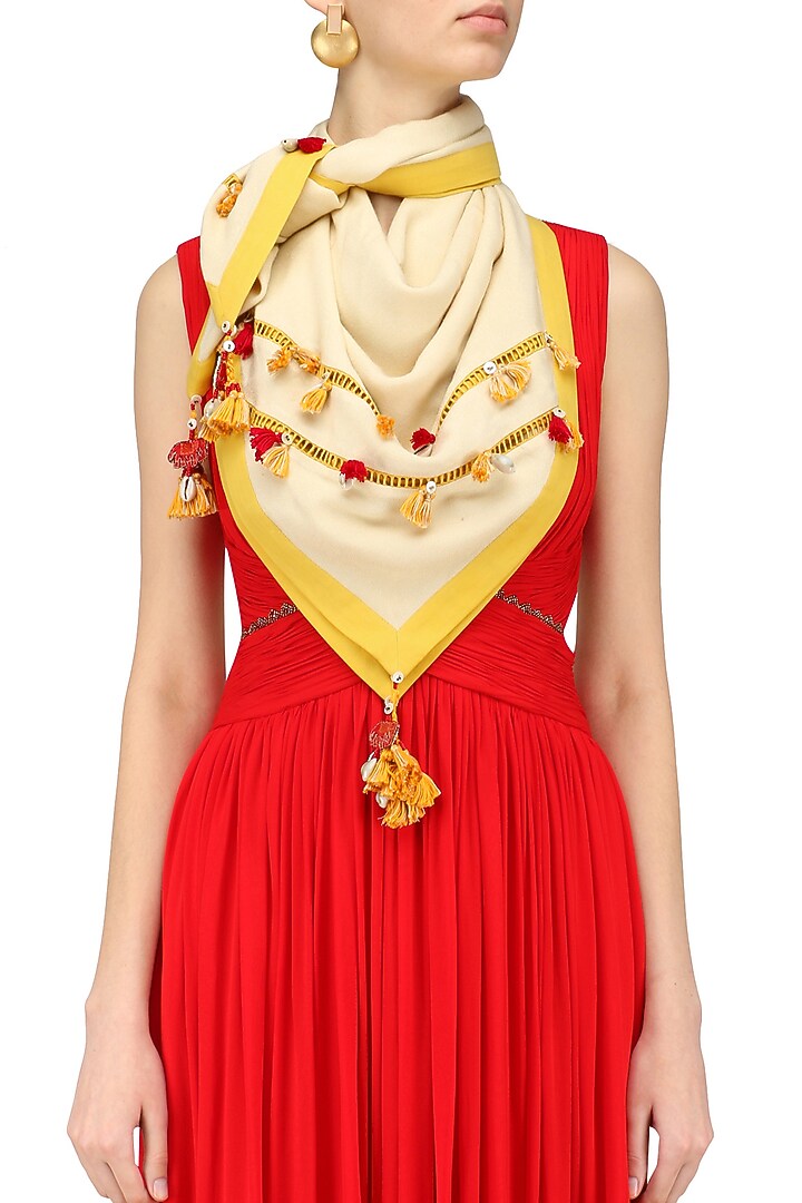 Nikasha presents Off white khadi border tassels scarf available only at Pernia's Pop Up Shop.