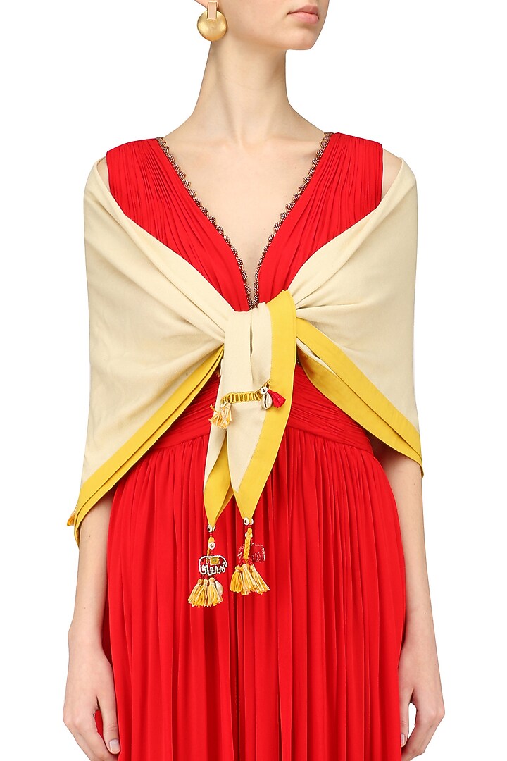 Nikasha presents Off white khadi border tassels scarf available only at Pernia's Pop Up Shop.