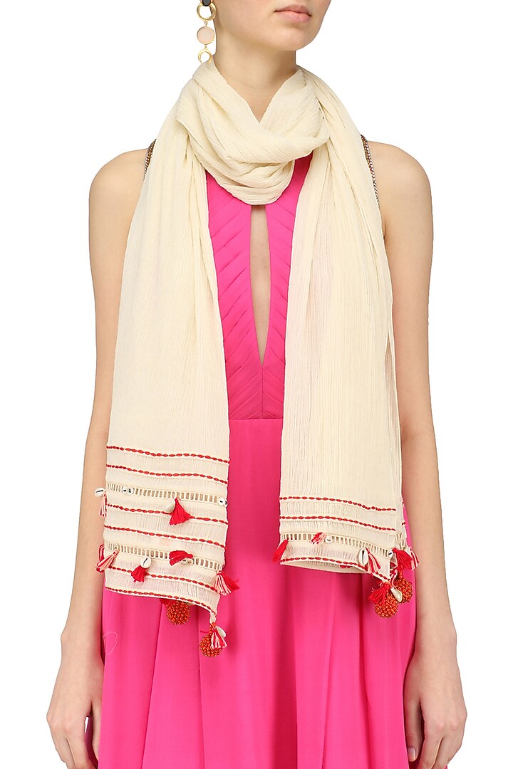 Nikasha presents Off white longline ladder lace tassels scarf available only at Pernia's Pop Up Shop.