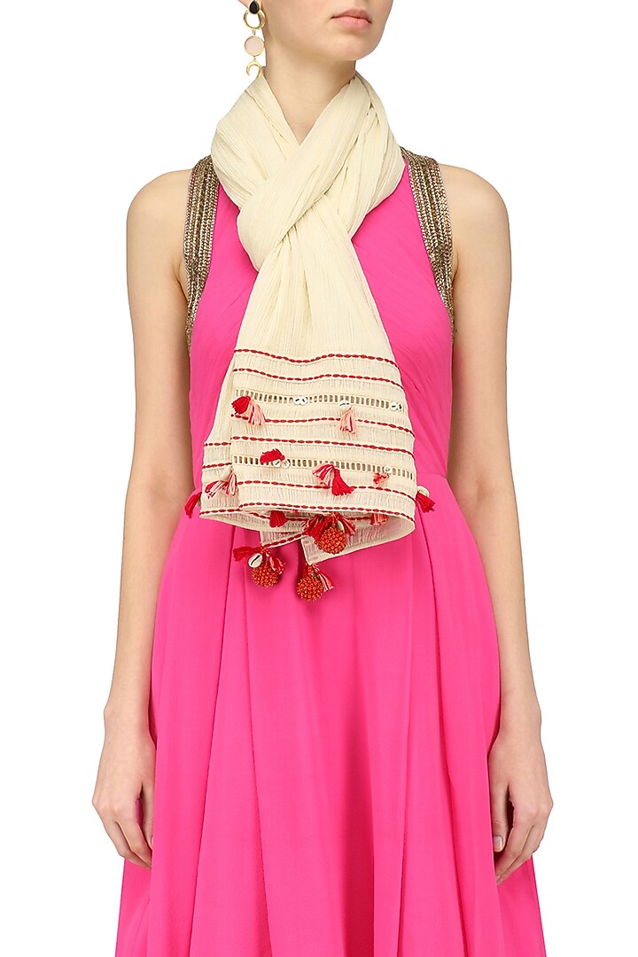 Nikasha presents Off white longline ladder lace tassels scarf available only at Pernia's Pop Up Shop.