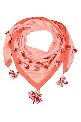 Light Coral Ladder Lace and Khadi Border Tassels Scarf by Nikasha