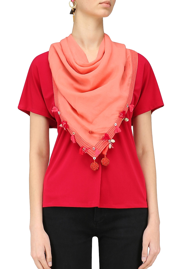 Nikasha presents Light coral ladder lace and khadi border tassels scarf available only at Pernia's Pop Up Shop.