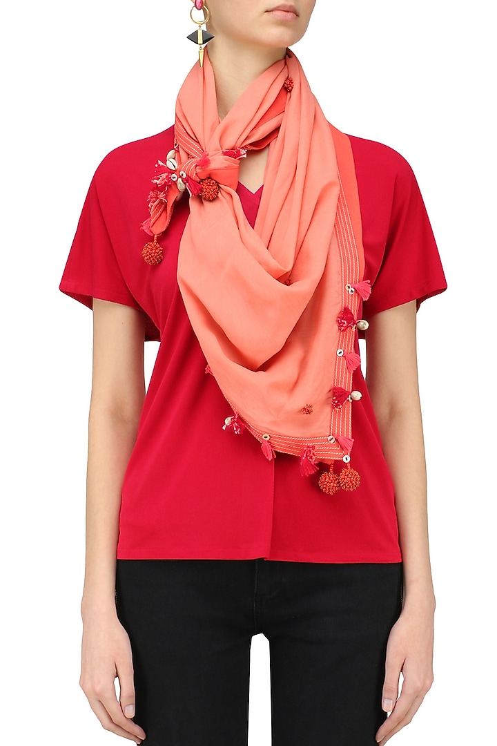 Nikasha presents Light coral ladder lace and khadi border tassels scarf available only at Pernia's Pop Up Shop.