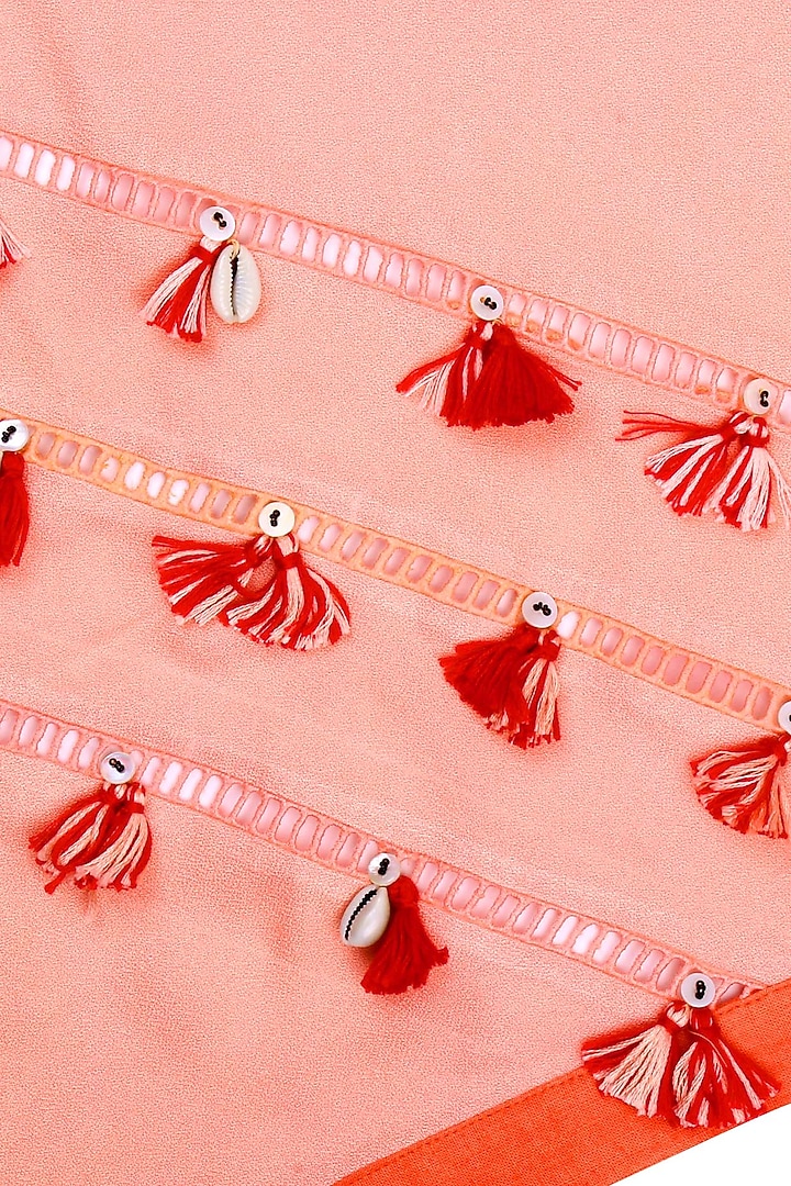 Nikasha presents Light coral ladder lace and khadi border tassels scarf available only at Pernia's Pop Up Shop.