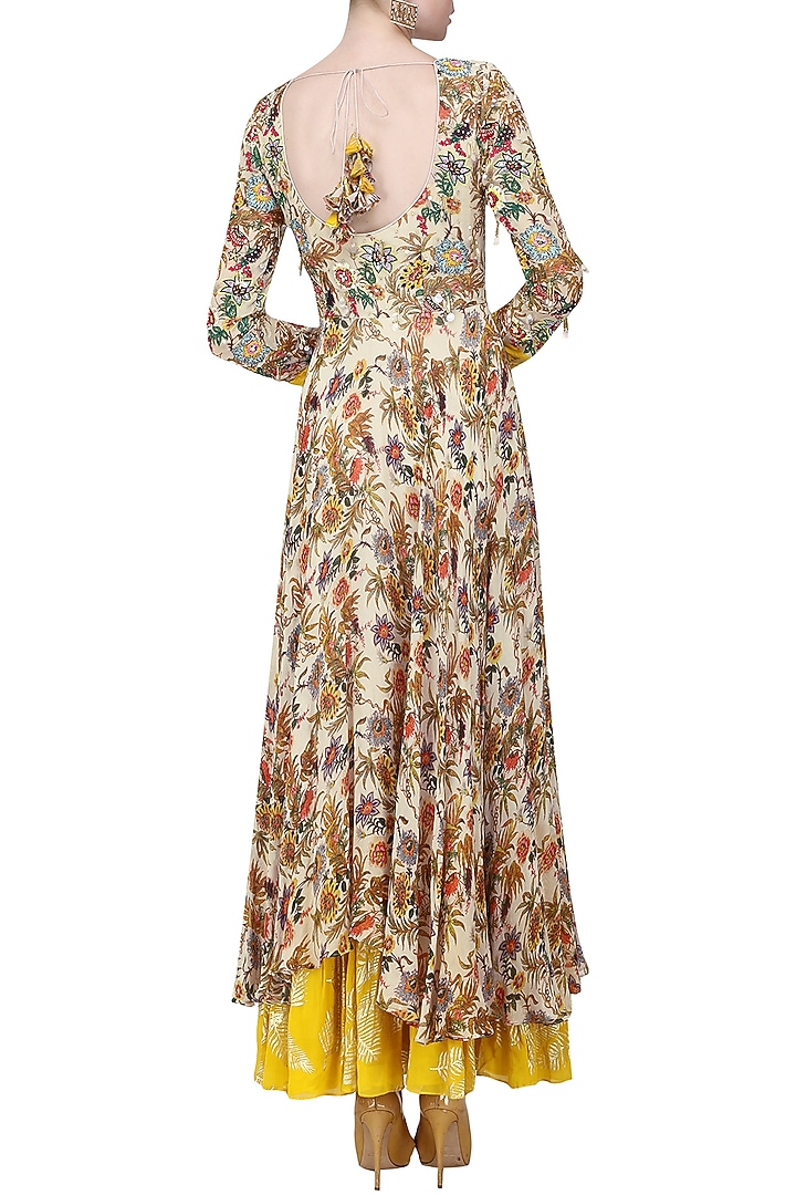 Ivory and yellow embroidered and hand painted anarkali with churidar pants available only at Pernia's Pop Up Shop.