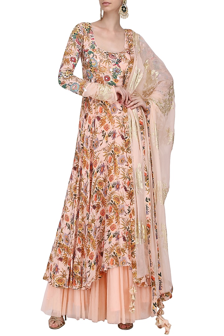 Salmon pink embroidered and hand painted anarkali with churidar pants set available only at Pernia's Pop Up Shop.