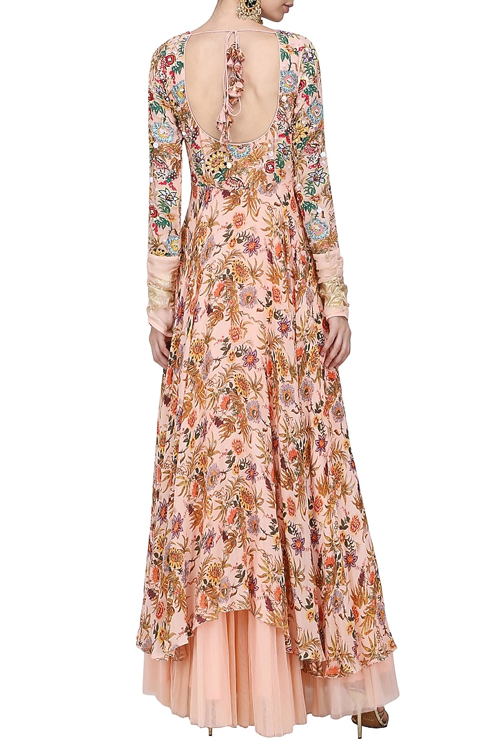 Salmon pink embroidered and hand painted anarkali with churidar pants set available only at Pernia's Pop Up Shop.