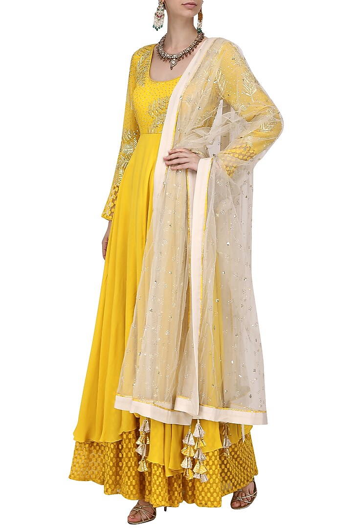 Yellow and ivory embroidered anarkali with churidar pants set available only at Pernia's Pop Up Shop.