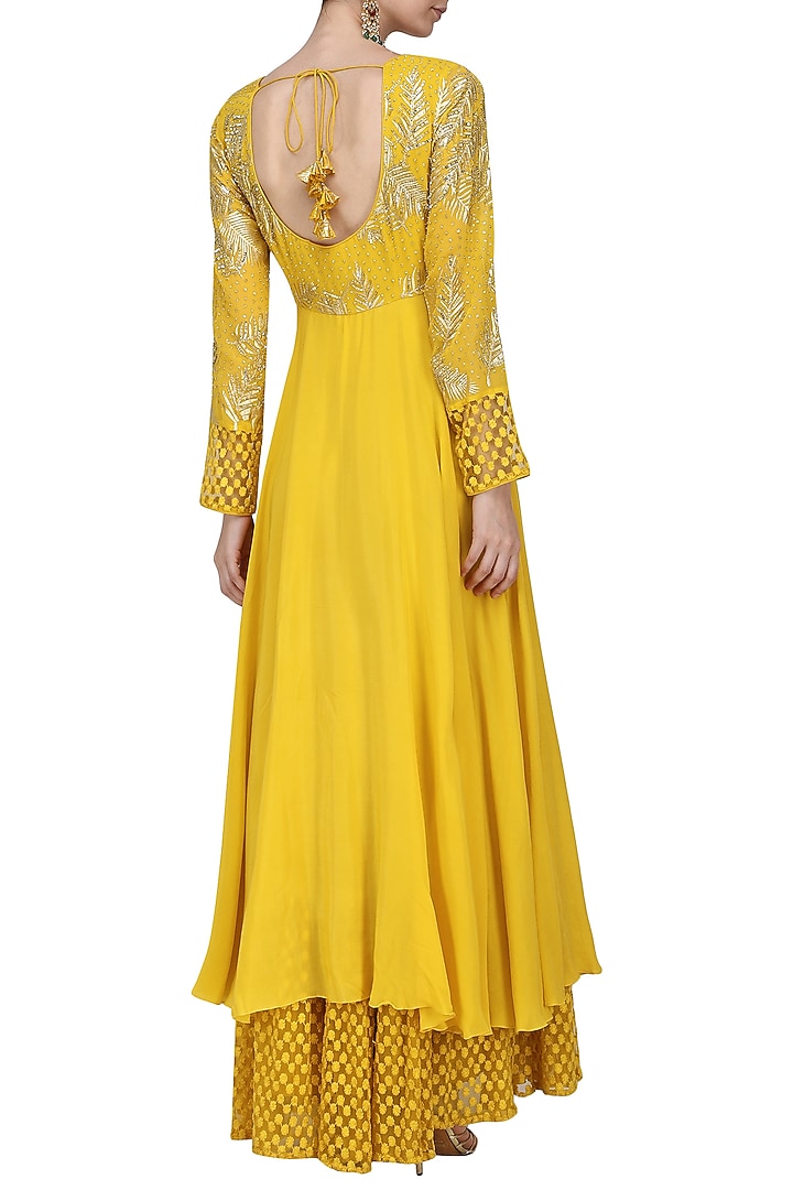 Yellow and ivory embroidered anarkali with churidar pants set available only at Pernia's Pop Up Shop.