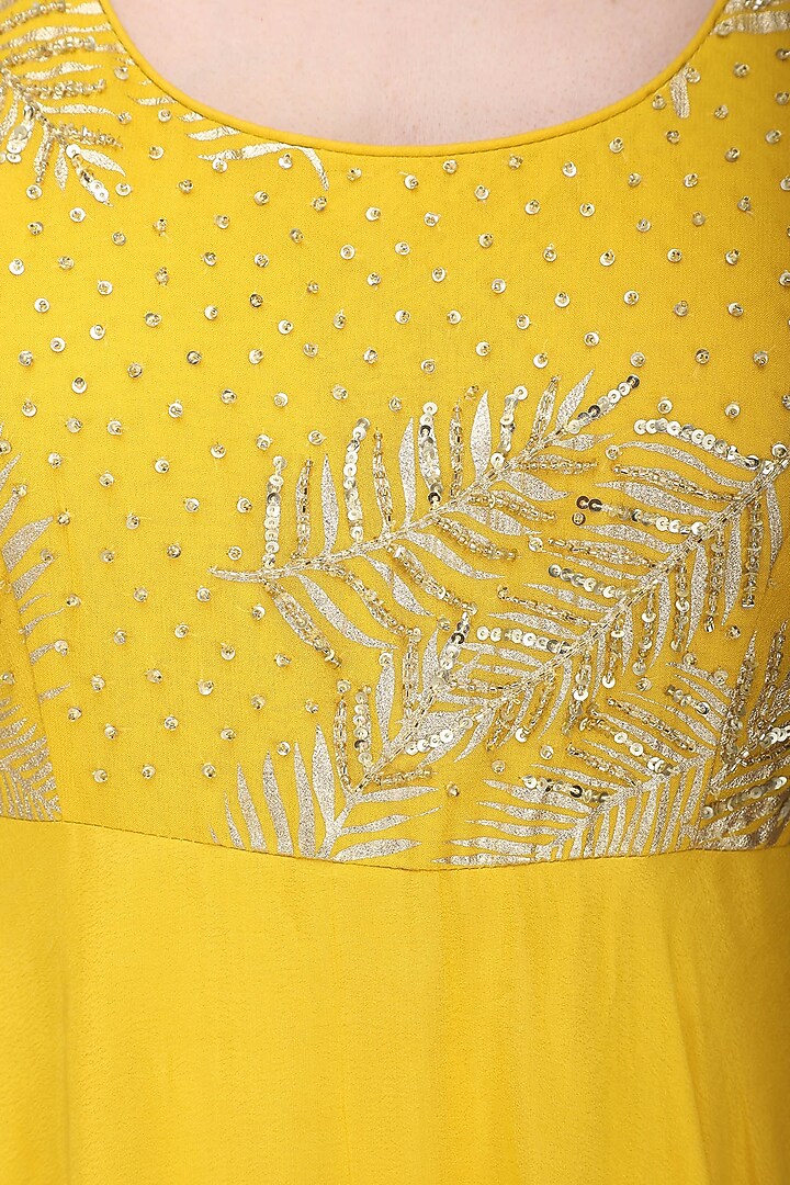 Yellow and ivory embroidered anarkali with churidar pants set available only at Pernia's Pop Up Shop.