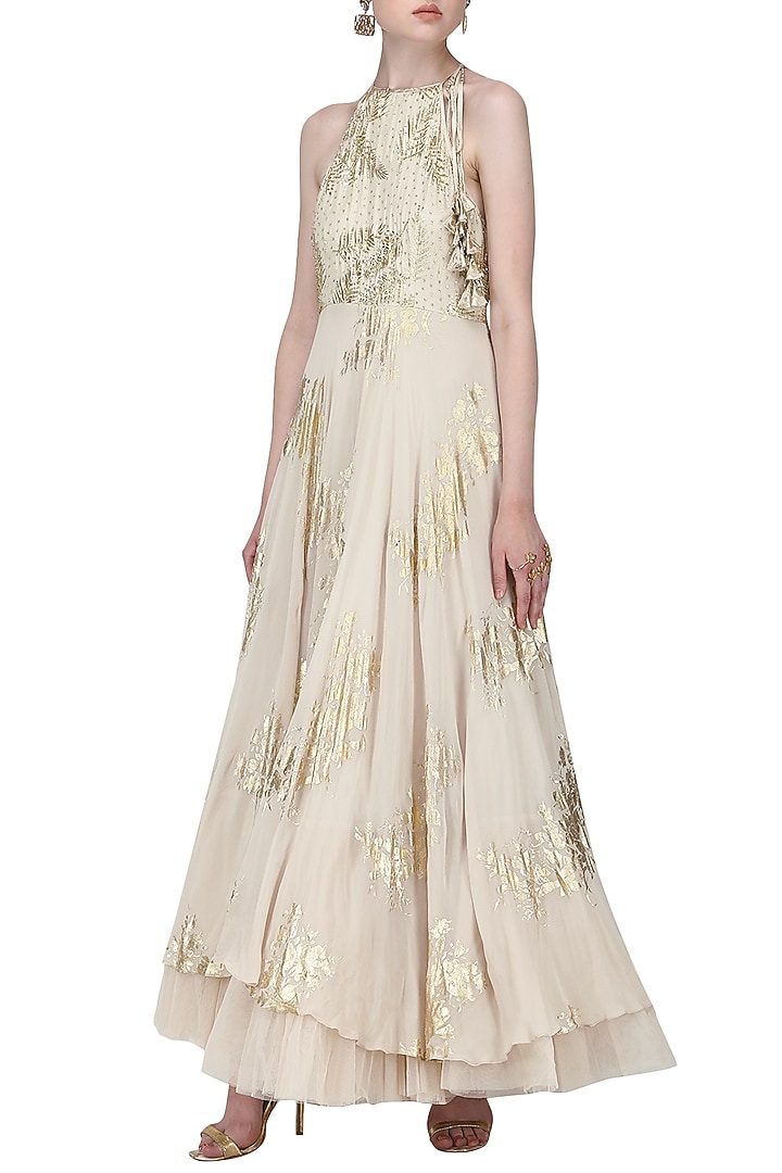 Ivory embroidered and foil printed anarkali with churidar pants available only at Pernia's Pop Up Shop.