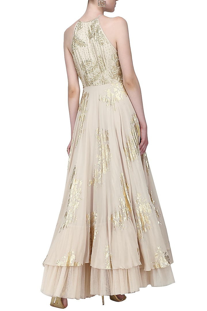 Ivory embroidered and foil printed anarkali with churidar pants available only at Pernia's Pop Up Shop.