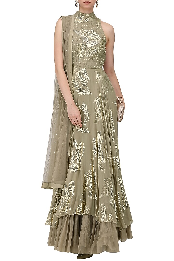 Grey embroidered and foil printed anarkali with churidar pants set available only at Pernia's Pop Up Shop.