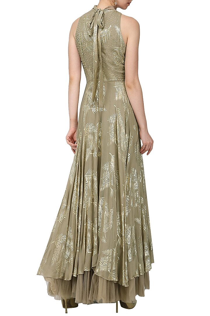 Grey embroidered and foil printed anarkali with churidar pants set available only at Pernia's Pop Up Shop.