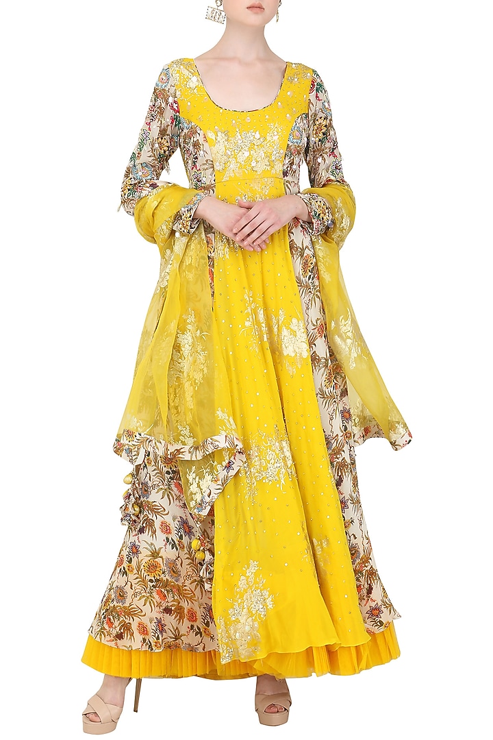 Ivory and yellow anarkali with churidar pants set available only at Pernia's Pop Up Shop.
