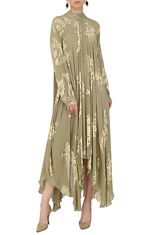 Grey Foil Printed and Embroidered Asymmetrical Maxi Dress by Nikasha