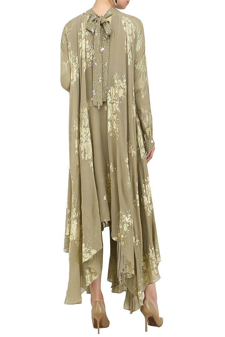 Grey foil printed and embroidered asymmetrical maxi dress available only at Pernia's Pop Up Shop.