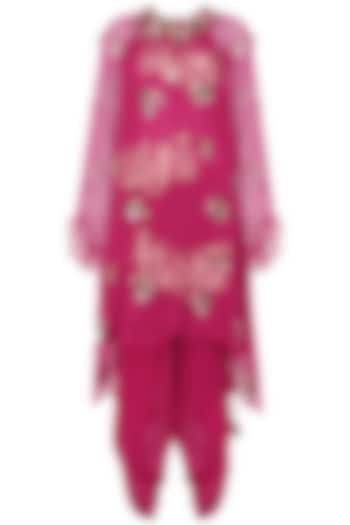 Jamun Pink Gold Foil Printed Tunic with Embroidered Overlayer and Cowl Dhoti Pants by Nikasha