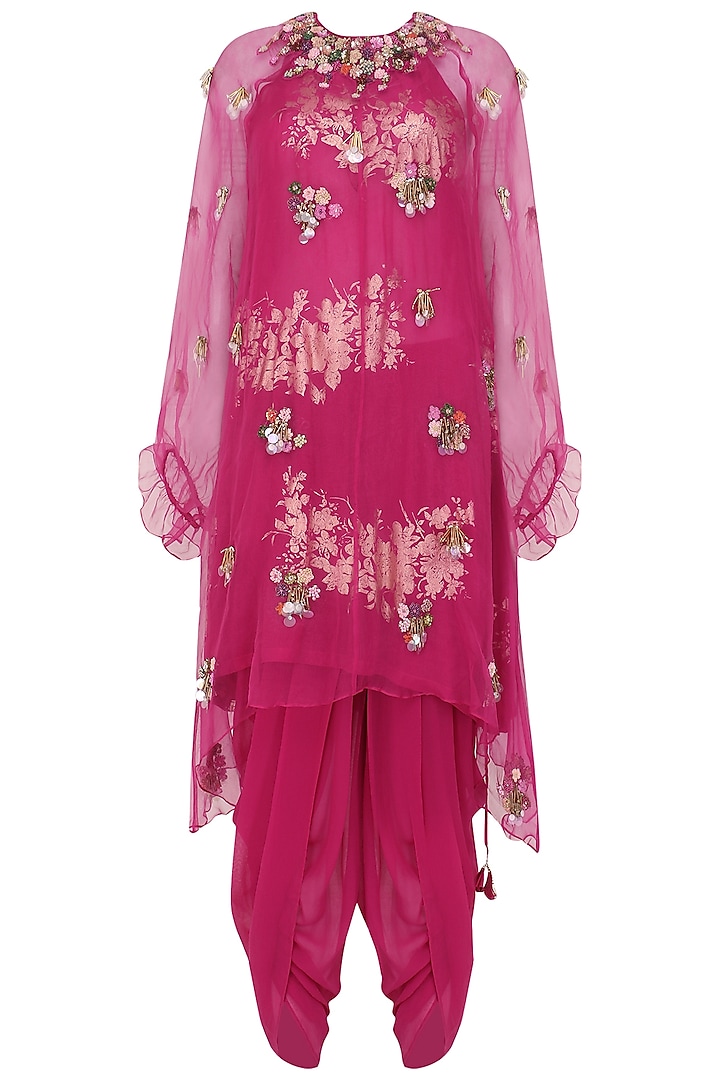 Jamun Pink Gold Foil Printed Tunic with Embroidered Overlayer and Cowl Dhoti Pants by Nikasha
