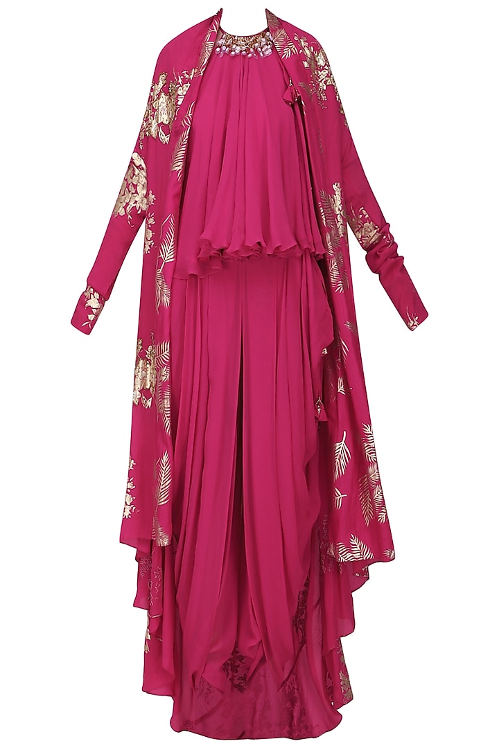 Jamun Pink Gold Foil Printed Jacket with Embroidered Halter Top and Cowl Dhoti Pants by Nikasha
