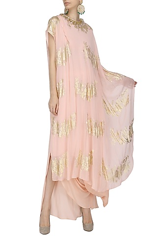 Salmon Pink Gold Foil Printed Kaftan Top with Cowl Maxi Skirt by Nikasha