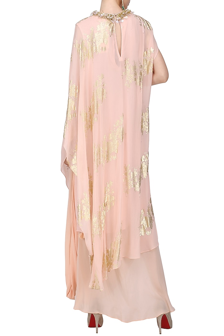 Salmon pink gold foil printed kaftan top with cowl maxi skirt available only at Pernia's Pop Up Shop.