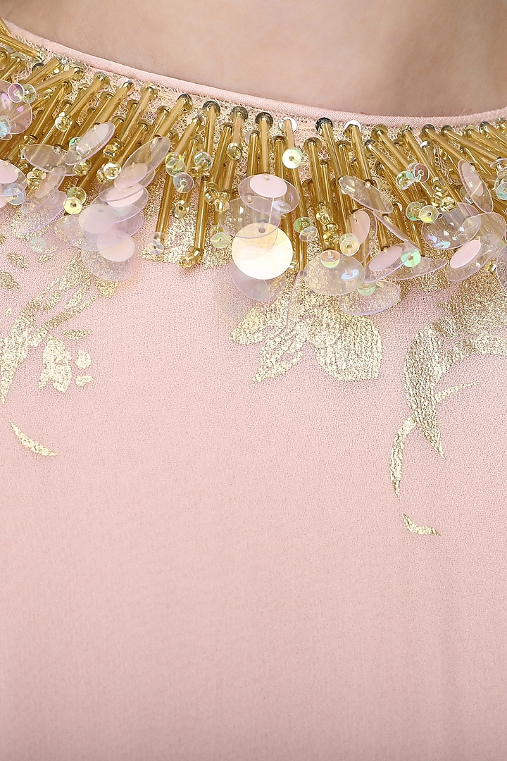 Salmon pink gold foil printed kaftan top with cowl maxi skirt available only at Pernia's Pop Up Shop.