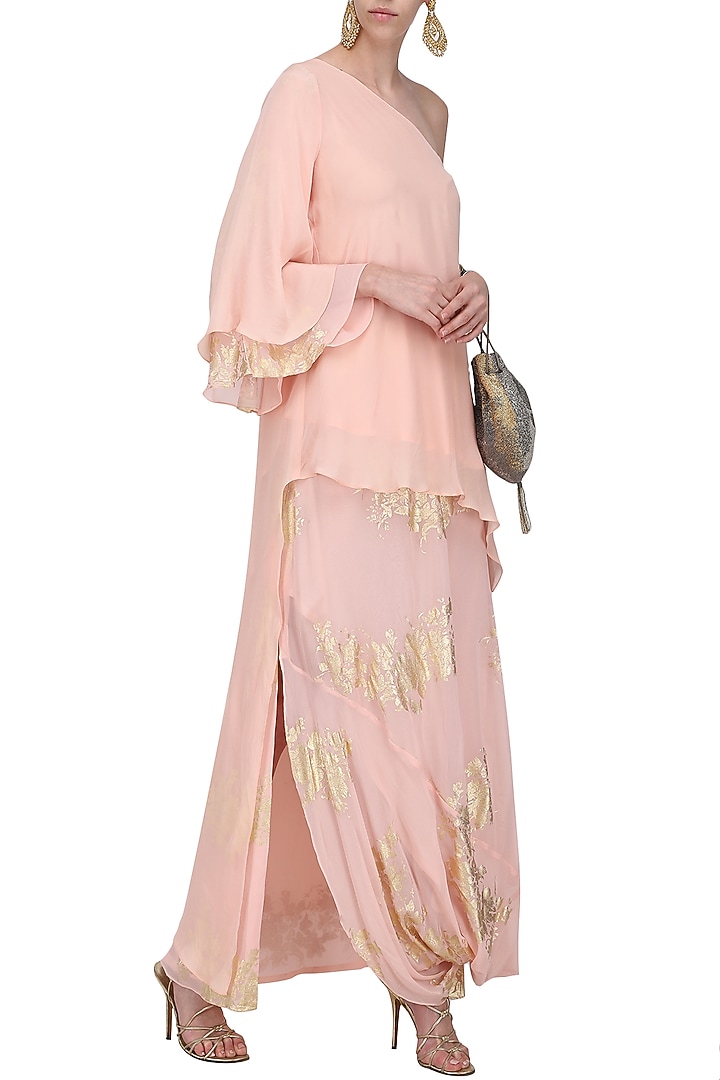 Salmon pink gold foil printed side godet top with cowl maxi skirt available only at Pernia's Pop Up Shop.