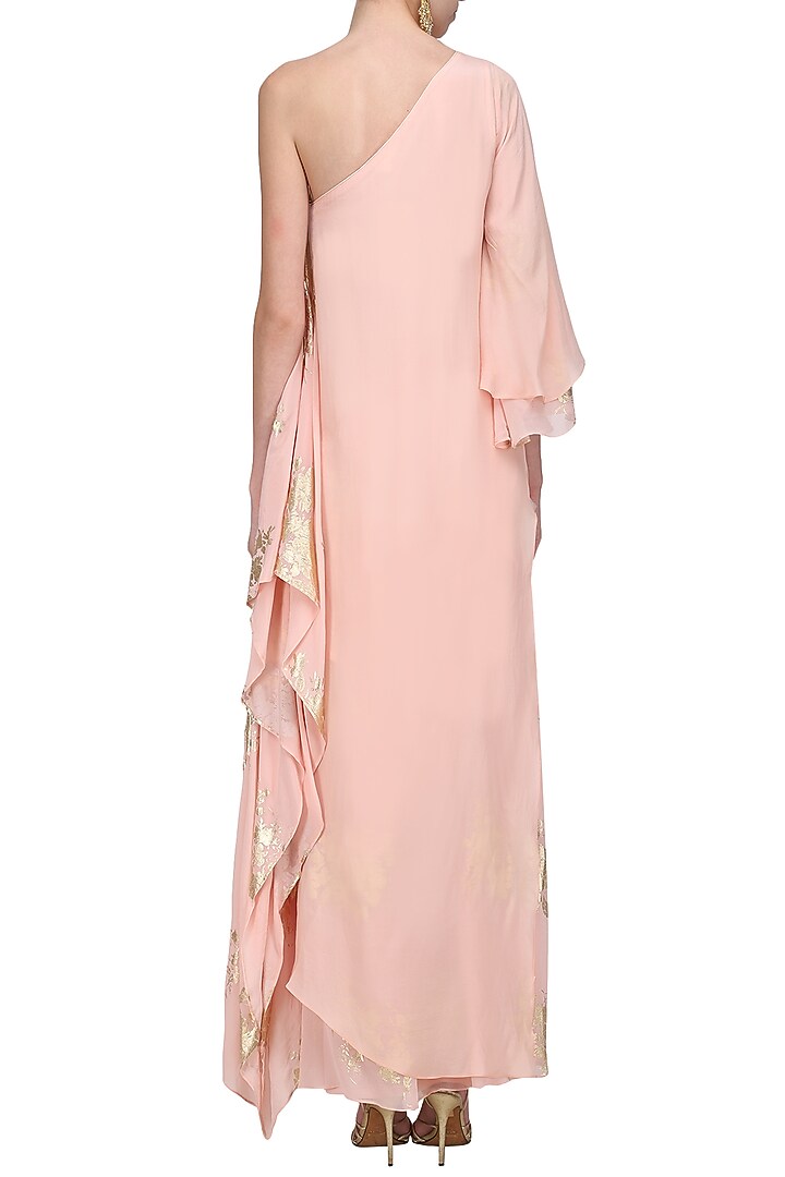 Salmon pink gold foil printed side godet top with cowl maxi skirt available only at Pernia's Pop Up Shop.