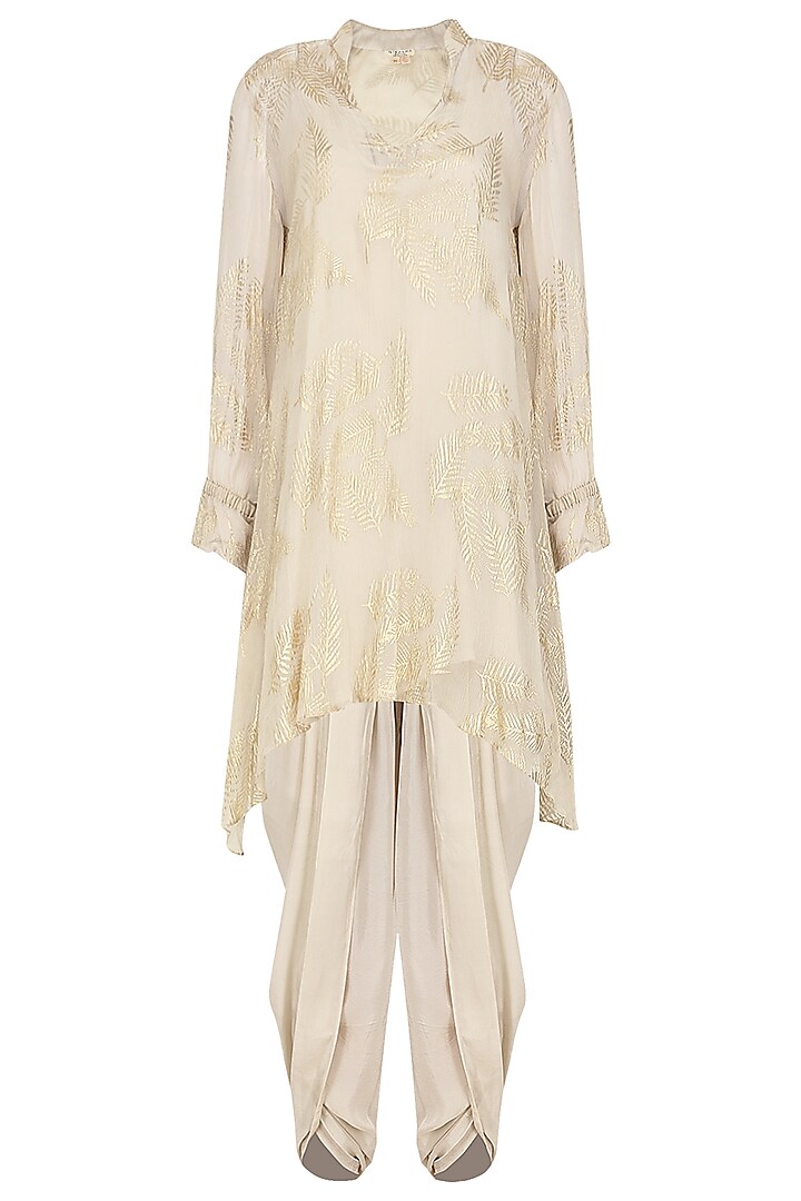 Ivory Gold Foil Printed Short Tunic with Dhoti Pants by Nikasha