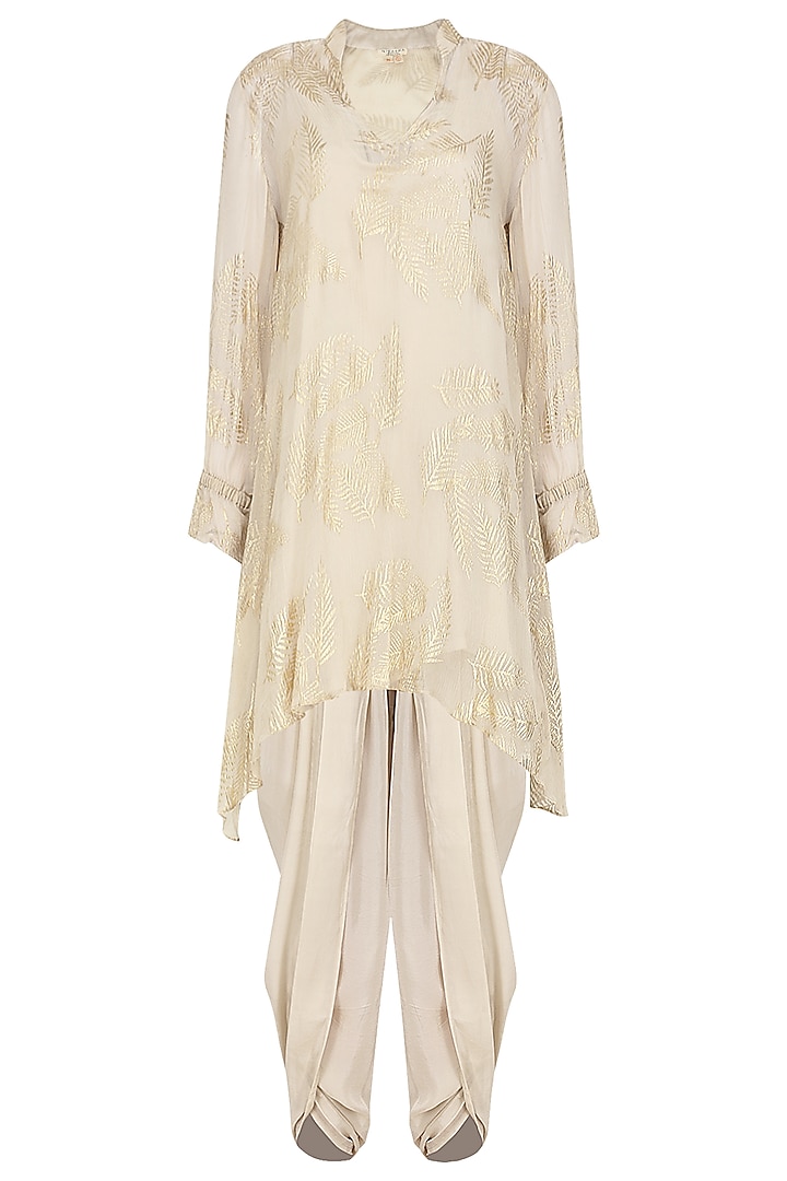 Ivory gold foil printed short tunic with dhoti pants available only at Pernia's Pop Up Shop.