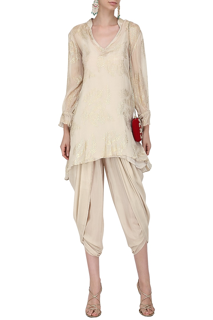 Ivory gold foil printed short tunic with dhoti pants available only at Pernia's Pop Up Shop.