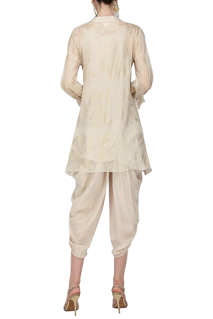 Ivory gold foil printed short tunic with dhoti pants available only at Pernia's Pop Up Shop.