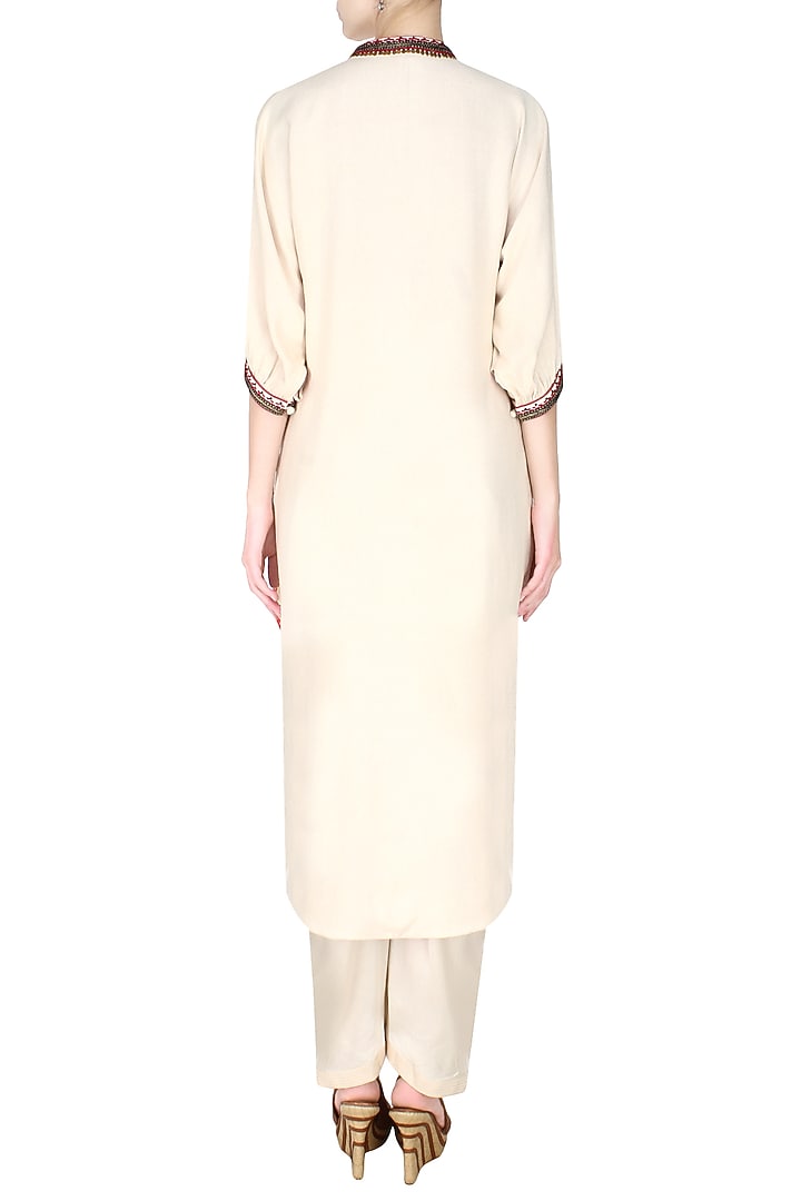 Cream embroidered high low printed kurta with dhoti pants available only at Pernia's Pop Up Shop.