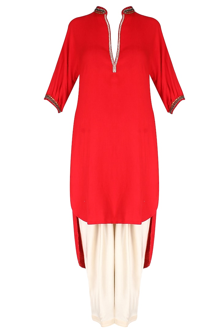 Red embroidered high low printed kurta with ivory dhoti pants available only at Pernia's Pop Up Shop.