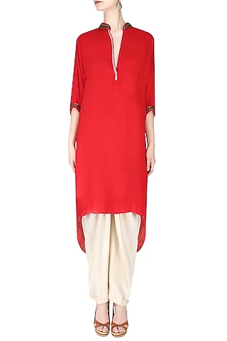 Red Embroidered High Low Printed Kurta with Ivory Dhoti Pants by Nikasha