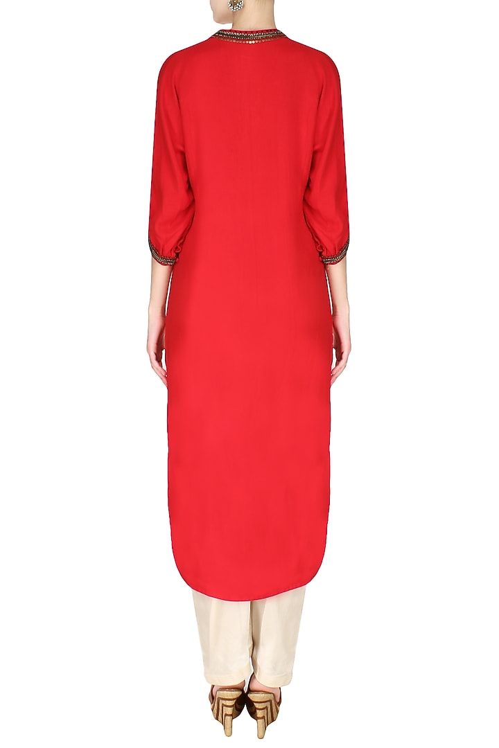 Red embroidered high low printed kurta with ivory dhoti pants available only at Pernia's Pop Up Shop.
