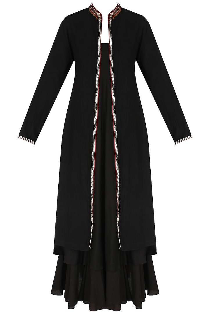 Black Embroiedered Jacket with Long Slip Dress by Nikasha