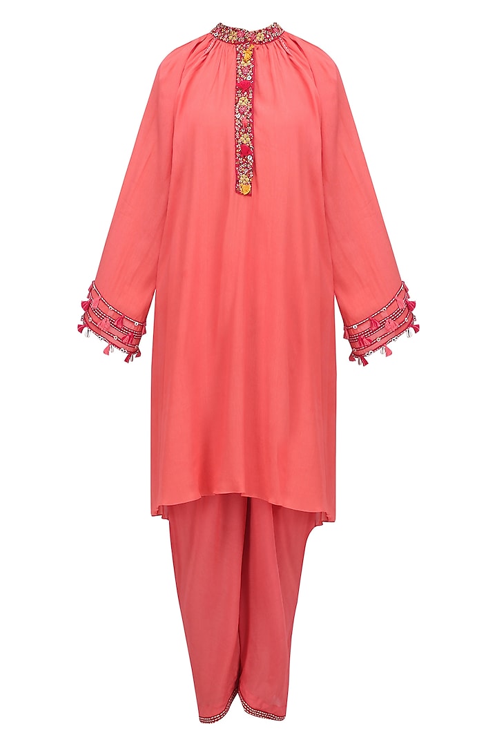 Gajari Orange Embroidered Tunic with Pin Tuck Pants by Nikasha