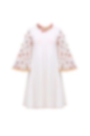 Cream Embroidered Bell Sleeves A Line Dress by Nikasha