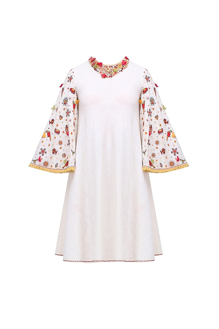 Cream Embroidered Bell Sleeves A Line Dress by Nikasha