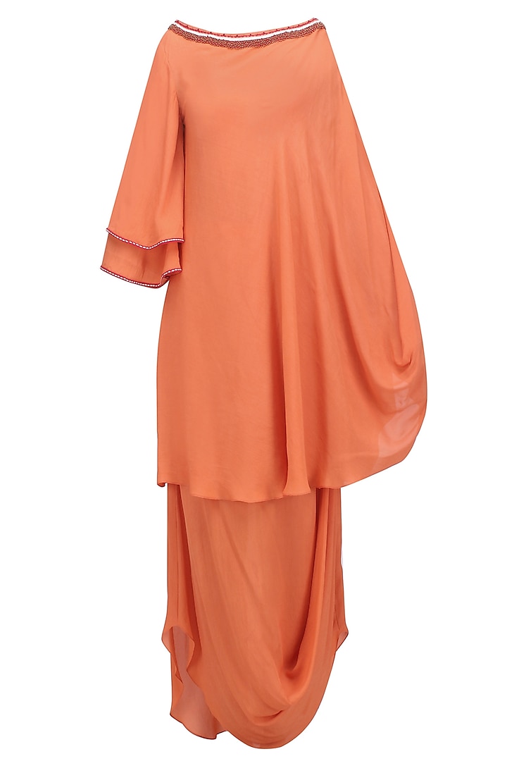 Gajari Orange One Shoulder Embellished Tunic with Cowled Skirt by Nikasha