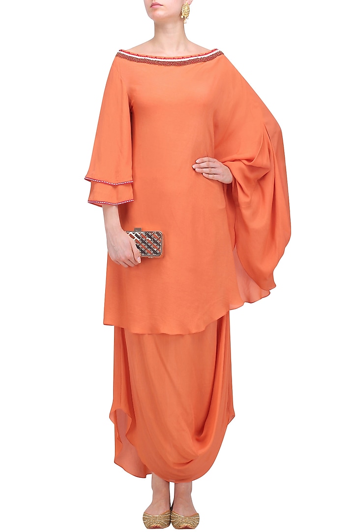 Gajari orange one shoulder embellished tunic with cowled skirt available only at Pernia's Pop Up Shop.