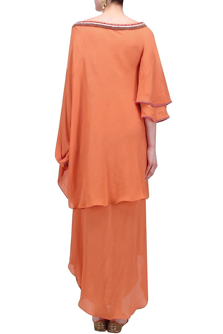 Gajari orange one shoulder embellished tunic with cowled skirt available only at Pernia's Pop Up Shop.