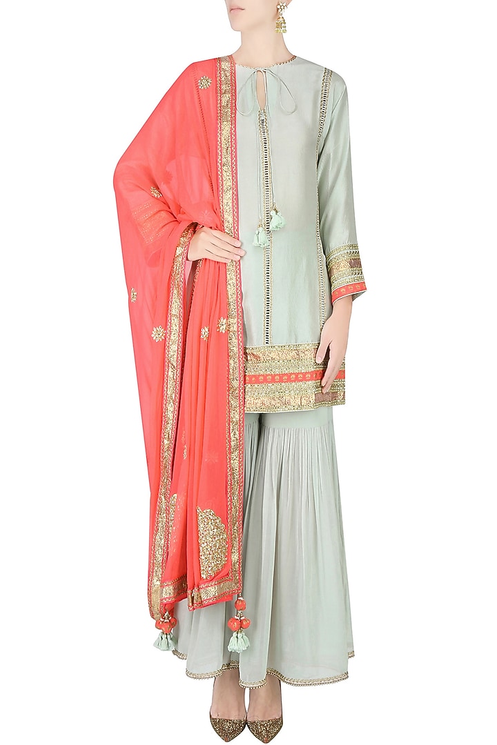 Mint ladder lace kurta with gathered sharara and printed dupatta available only at Pernia's Pop Up Shop.