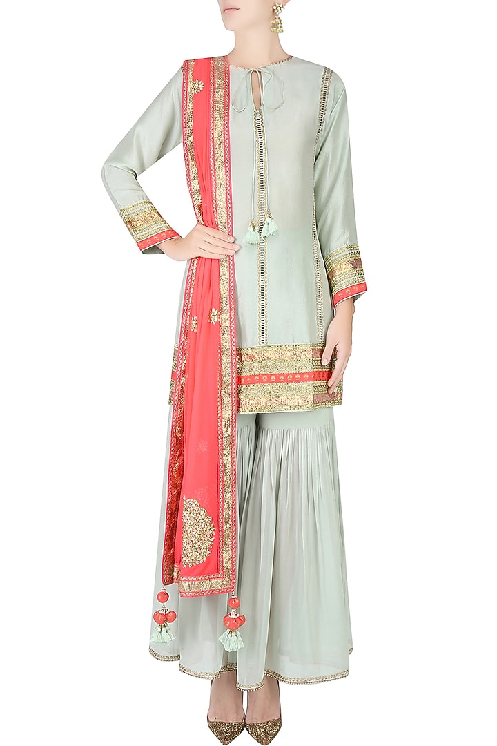 Mint ladder lace kurta with gathered sharara and printed dupatta available only at Pernia's Pop Up Shop.