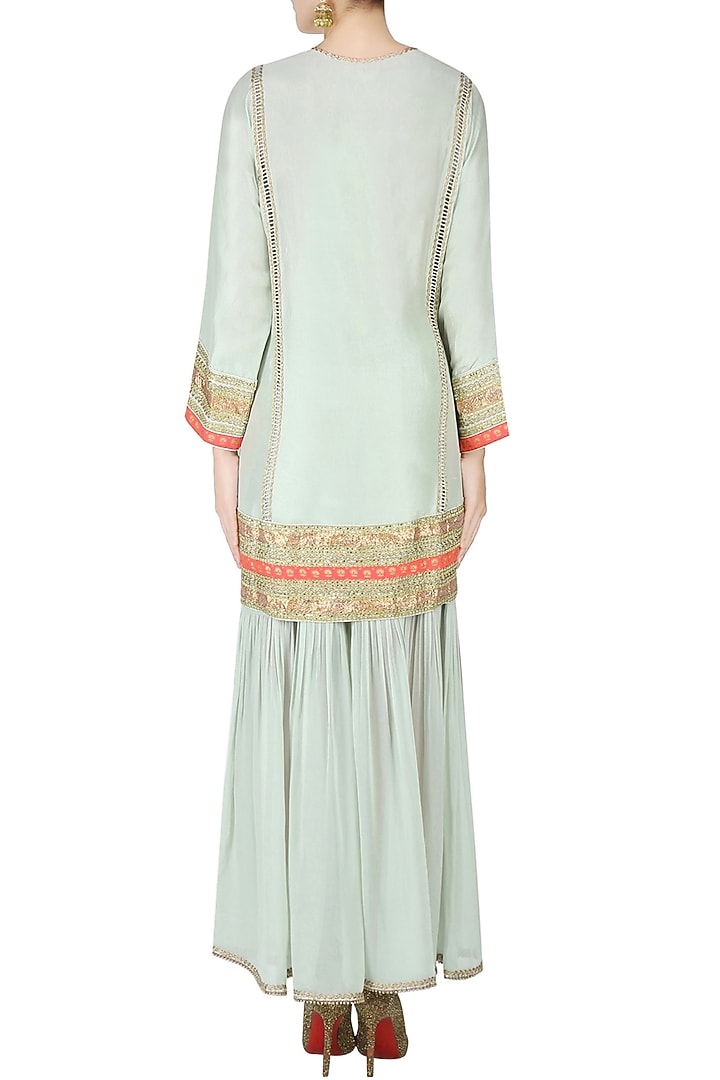 Mint ladder lace kurta with gathered sharara and printed dupatta available only at Pernia's Pop Up Shop.