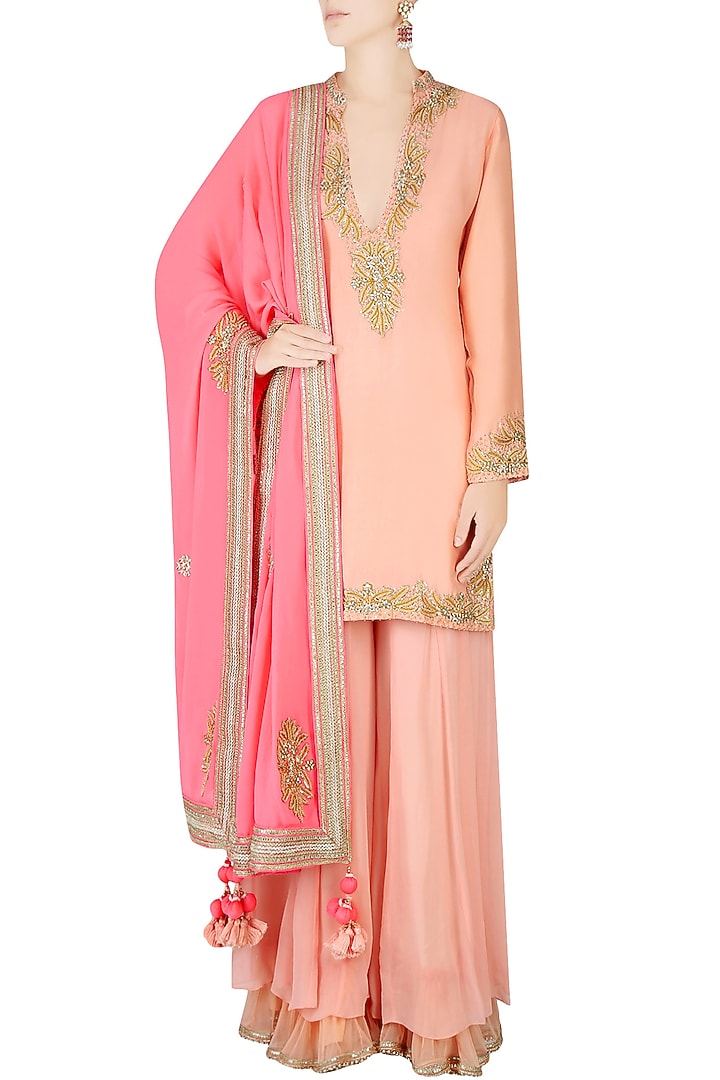 Peach embroidered kurta with kali sharara and embroidered organza dupatta available only at Pernia's Pop Up Shop.
