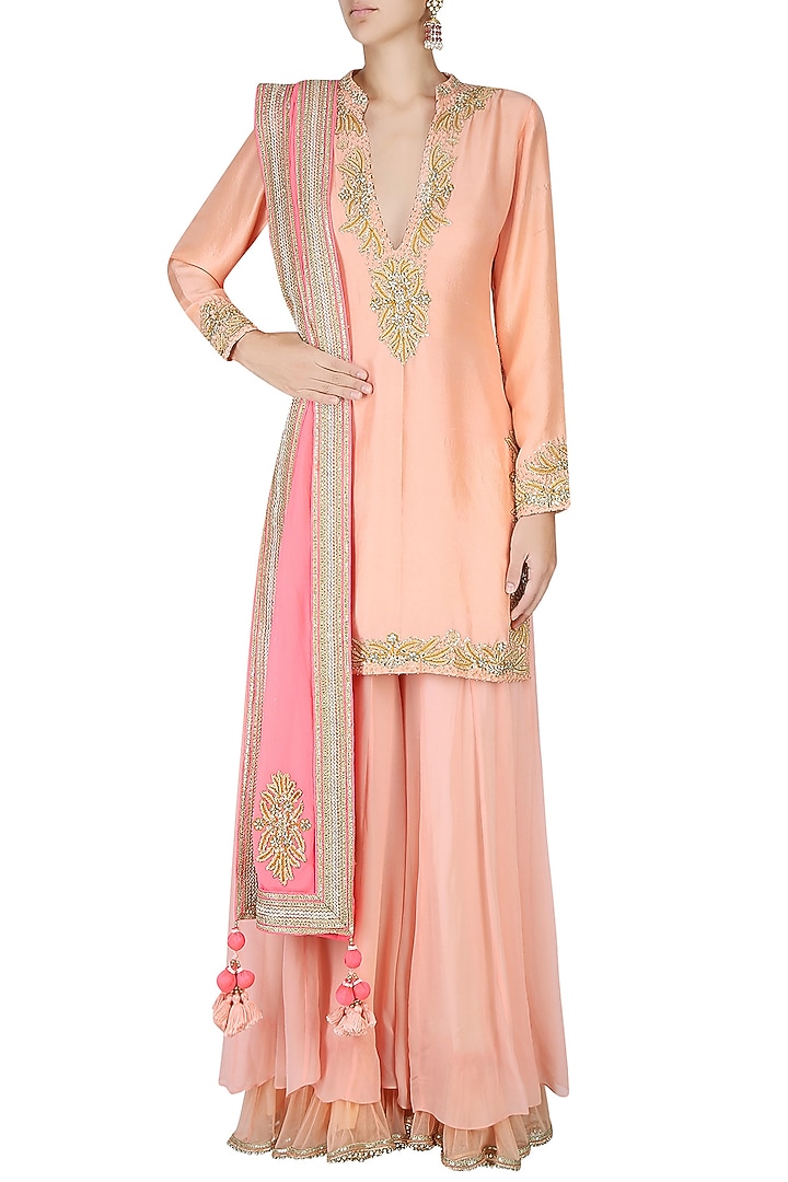 Peach embroidered kurta with kali sharara and embroidered organza dupatta available only at Pernia's Pop Up Shop.